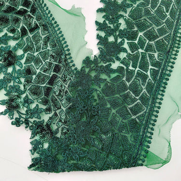 Green Net Lace Trim with Floral Embroidery And Sequins, Sari Border, Embroidered Trim